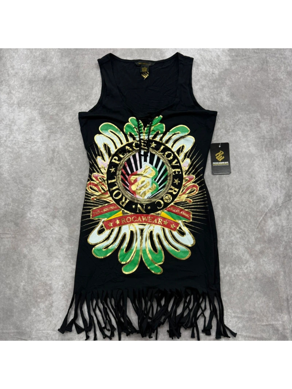 Vintage Y2K Rocawear Fringe Hem Gold Foil Graphic Tank Dress Size Medium NWT